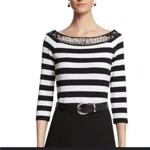 WHITE HOUSE BLACK MARKET size L Black and White Striped Top with Embellished